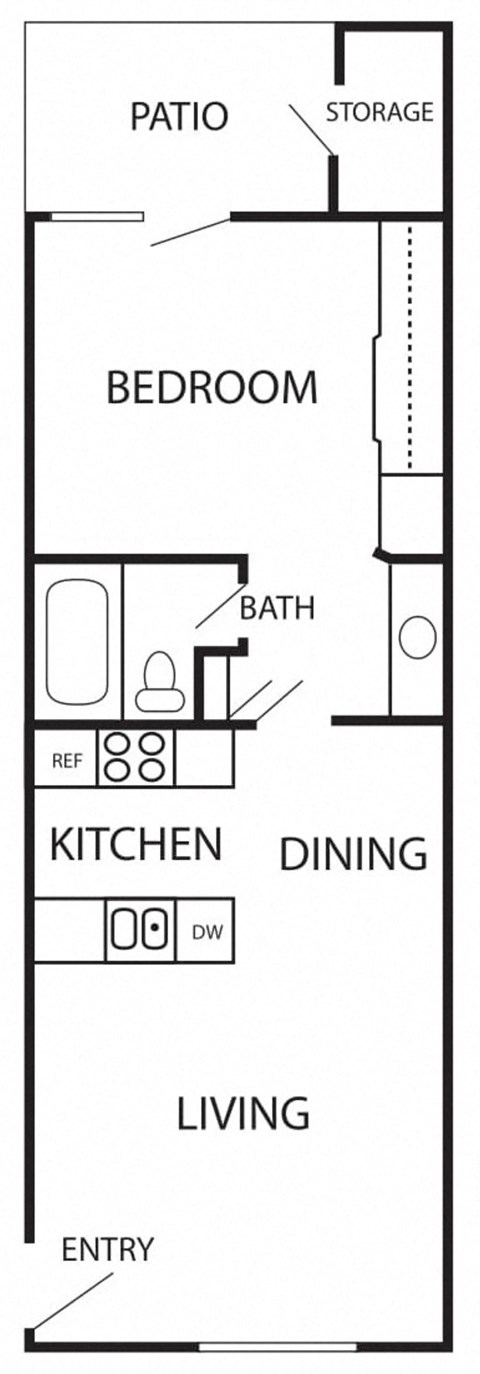 1 Bed 1 bath A Floor Plan a floor plan of a 1 bedroom 1 bathroom apartment with a kitchen and a living room